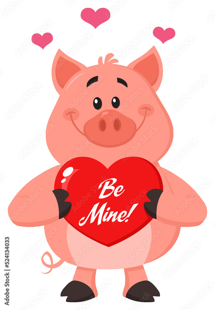 Cute Pig Cartoon Character Holding A Be Mine Valentine Love Heart. Hand Drawn Illustration Isolated On Transparent Background Cute Pig Cartoon Character Holding A Be Mine Valentine Love Heart. Hand Drawn Illustration Isolated On Transparent Background