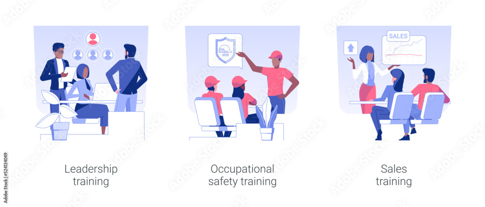 Employee training isolated concept vector illustration set. Leadership training program, occupational safety course, sales coaching, corporate business education, office lifestyle vector cartoon.