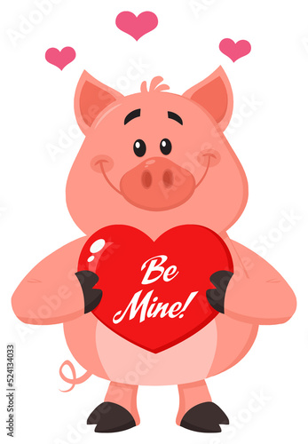 Cute Pig Cartoon Character Holding A Be Mine Valentine Love Heart. Hand Drawn Illustration Isolated On Transparent Background 