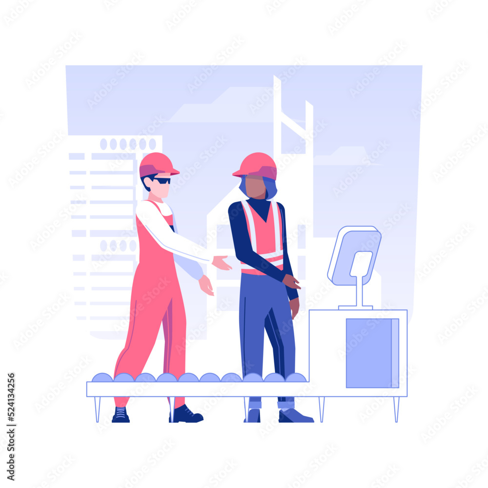 Meeting with supervisor isolated concept vector illustration. Factory worker talking with supervisor, corporate business, conversation with employee, inspection process vector concept. Meeting with supervisor isolated concept vector illustration. Factory worker talking with supervisor, corporate business, conversation with employee, inspection process vector concept.