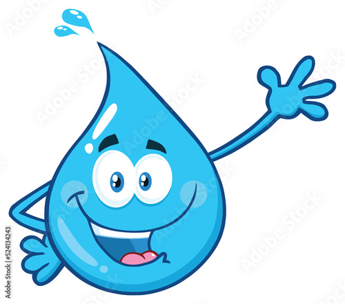 Happy Blue Water Drop Cartoon Character Waving For Greeting. Hand Drawn Illustration Isolated On Transparent Background 
