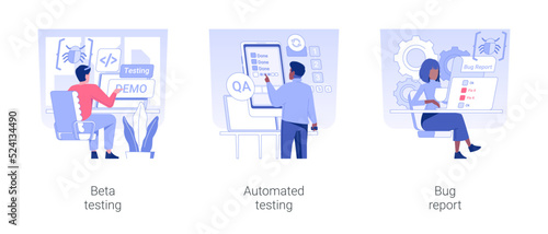 Quality assurance team isolated concept vector illustration set. Beta testing, automated testing, bug report, app development, demo version of software, IT company worker vector cartoon.