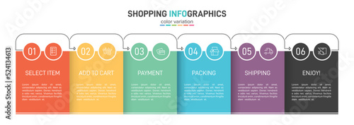Concept of shopping process with 6 successive steps. Six colorful graphic elements. Timeline design for brochure, presentation, web site. Infographic design layout.