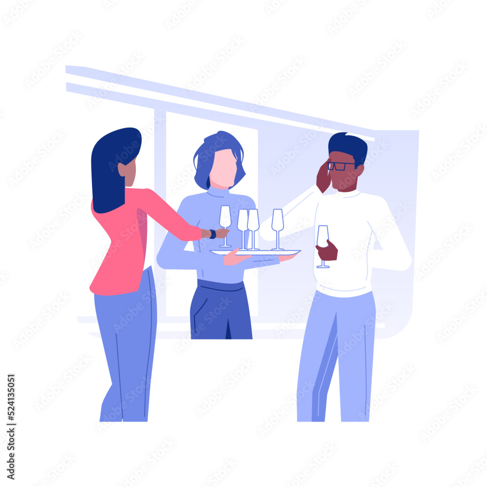Catering service isolated concept vector illustration. Group of business people treat themselves to champagne, professional hotel catering service, accommodation facility vector concept.