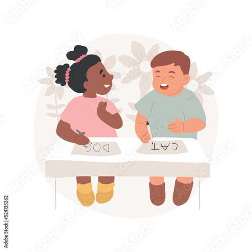 Spelling words isolated cartoon vector illustration. Children writing letters, language skill development, kids learn reading, early education, daycare activity, kindergarten vector cartoon.