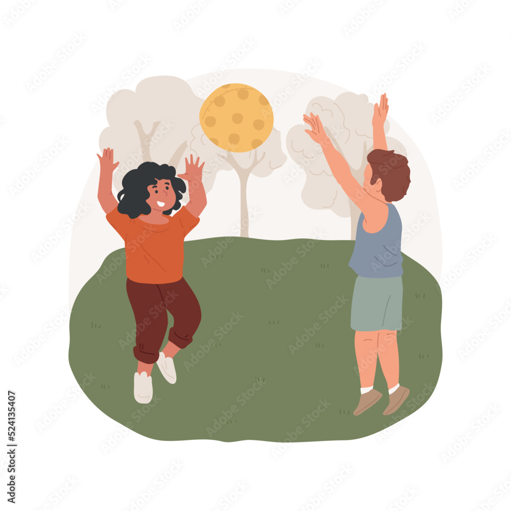 Playing with a ball isolated cartoon vector illustration. Preschool kids throwing ball to each