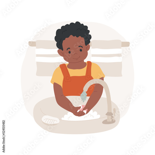 Learn proper handwashing isolated cartoon vector illustration. Learn handwashing steps, proper soap use, self-care skill, child personal hygiene, kindergarten, daycare center vector cartoon.