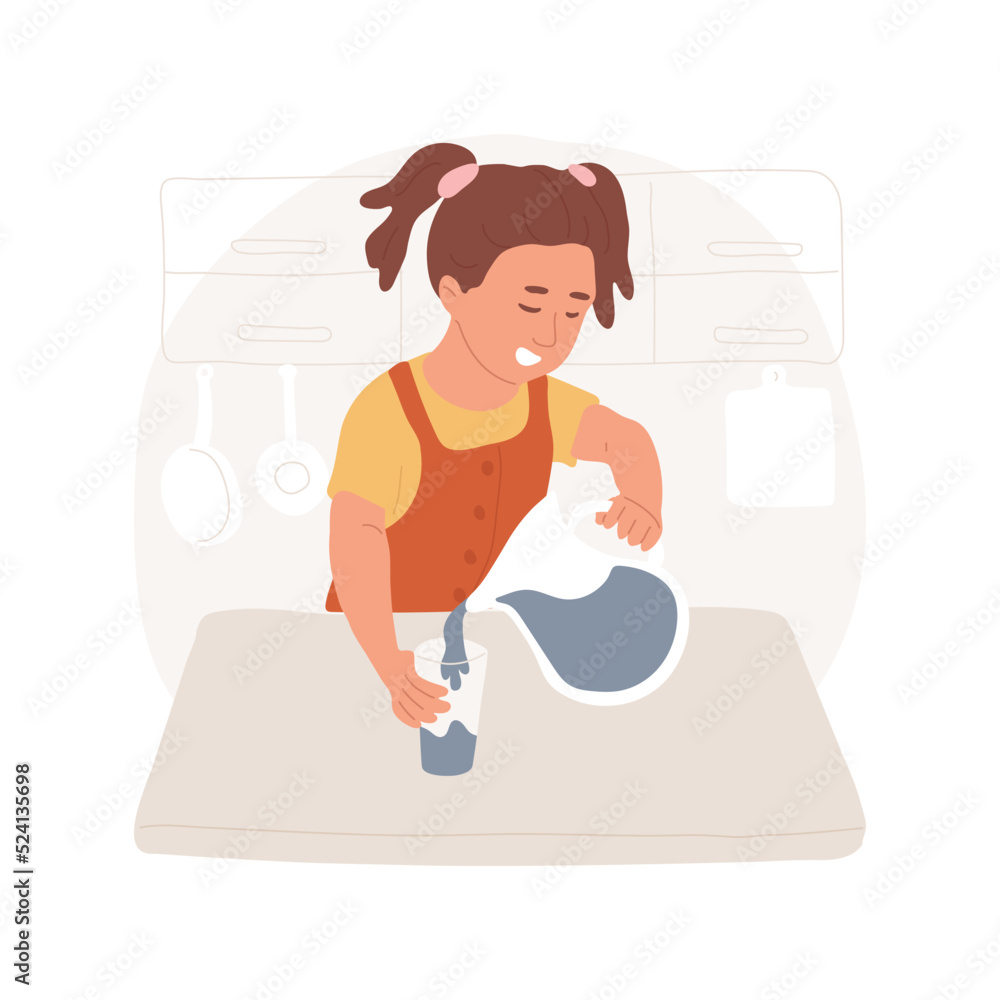 Pouring a glass of water isolated cartoon vector illustration. Child pouring himself water in glass, kid having drink, toddler self-care skill, developmental milestone, daycare vector cartoon. Pouring a glass of water isolated cartoon vector illustration. Child pouring himself water in glass, kid having drink, toddler self-care skill, developmental milestone, daycare vector cartoon.
