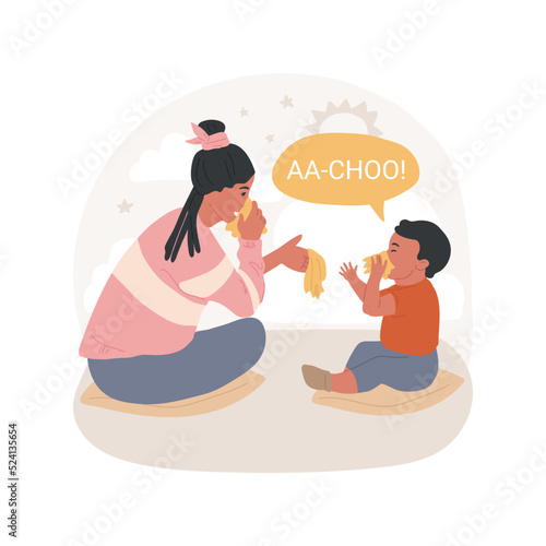Teach to cover sneezing isolated cartoon vector illustration. Teach child to sneeze in cuff, use handkerchief, toddler personal hygiene, cover mouth, pandemic, early education vector cartoon.