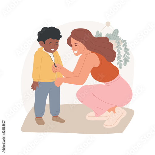 Getting dressed isolated cartoon vector illustration. Woman helps toddler to put on clothes, caregiver dressing child, get dressed, early education, daycare, in-home childcare vector cartoon.