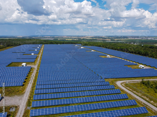 Drone view of a solar farm in Temiskaming Shores, Ontario