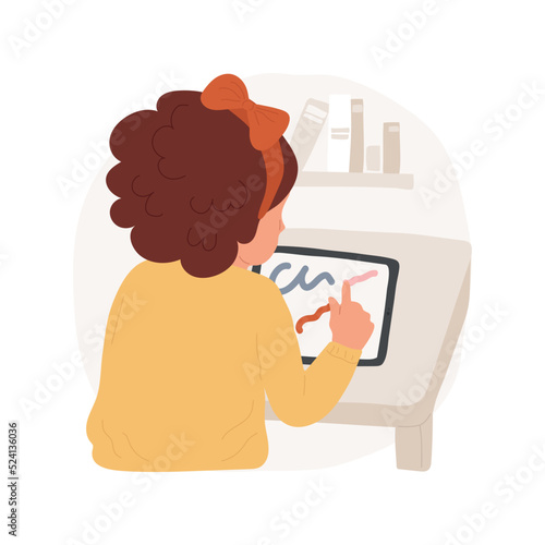 Learn to use a tablet isolated cartoon vector illustration. Children use gadget, learn to draw on tablet, technology at preschool, thinking skills, kindergarten, early education vector cartoon.