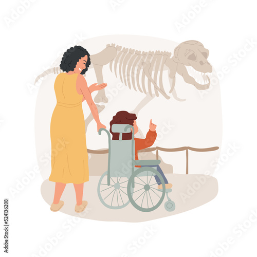 Visiting a museum isolated cartoon vector illustration. Social skills development activity, inclusive daycare center, kid on a wheelchair, visiting interactive museum, education vector cartoon.