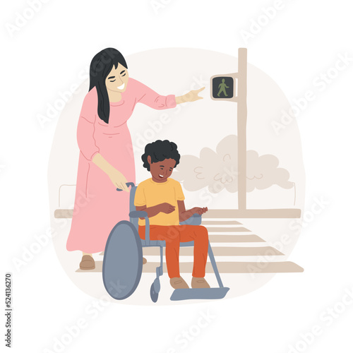 Space orientation isolated cartoon vector illustration. Inclusive daycare, space orientation for disabled children, learn traffic rules, moving in the street with a wheelchair vector cartoon.