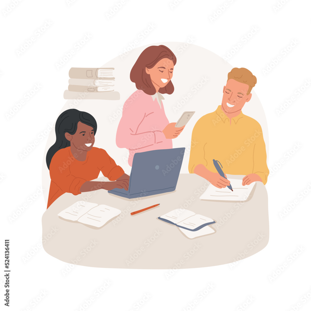 Group peer tutoring isolated cartoon vector illustration. Group of students sit at the table, peer tutoring, changing roles, help each other, class-wide independent learning vector cartoon. Group peer tutoring isolated cartoon vector illustration. Group of students sit at the table, peer tutoring, changing roles, help each other, class-wide independent learning vector cartoon.