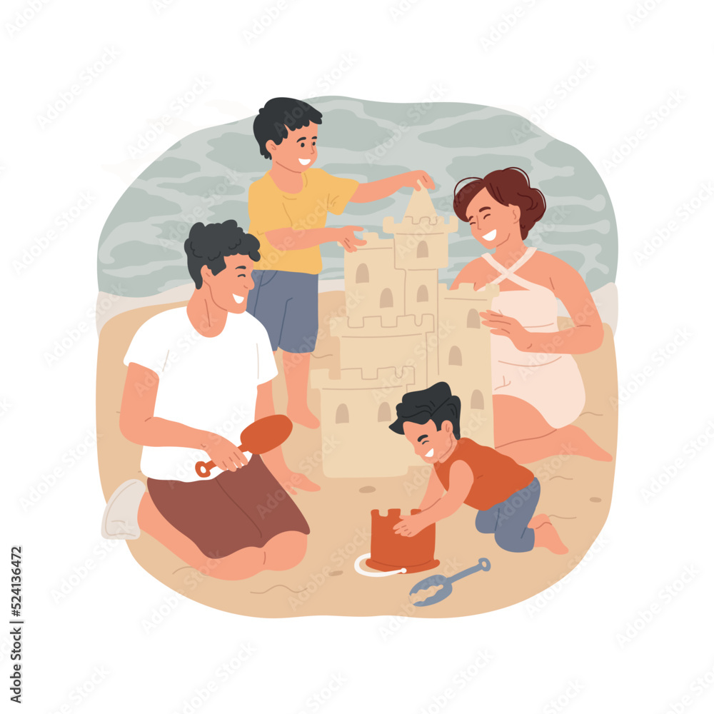 Obraz premium Sandcastle isolated cartoon vector illustration. Happy family building a sandcastle, child using bucket and a scoop, making tower from sand, beach activity, summer holiday vector cartoon.