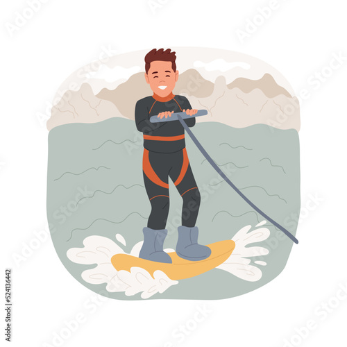Wakeboarding isolated cartoon vector illustration. Cable wake park, learn wakeboarding, extreme watersport, kid in a wetsuit, making trick, family active lifestyle, vacation vector cartoon.