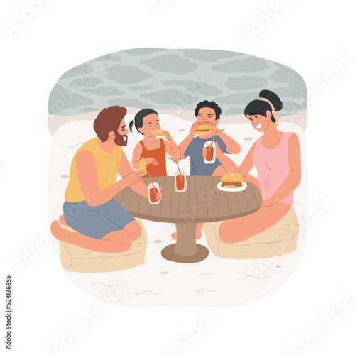 Beach snack isolated cartoon vector illustration. People snacking at beach bar, family travel, eating at seaside, sitting at small wooden table, wearing swimming suites, holiday vector cartoon.