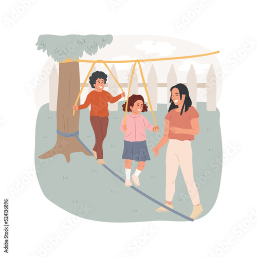 Slackline isolated cartoon vector illustration. Child walking on the rope, slackline for kids, backyard slacklining, family leisure time, oudoor activity, learn to balance vector cartoon. photo