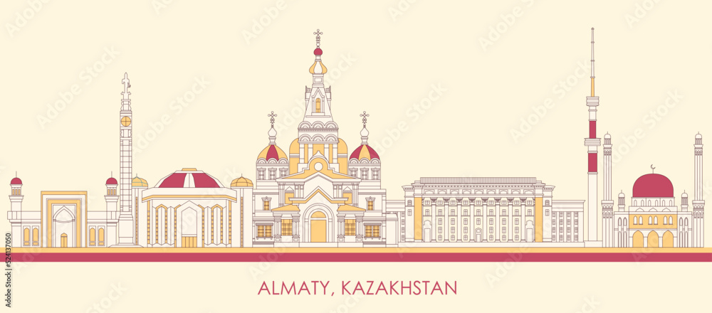 Cartoon Skyline panorama of city of Almaty, Kazakhstan - vector illustration