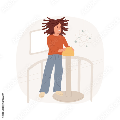 Hair raising experiment isolated cartoon vector illustration. Electric experiment, child with raised hair touching a ball, static electricity show, family visit science museum vector cartoon.