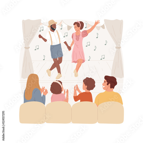 Musical isolated cartoon vector illustration. People singing and dancing on stage, children musical, family outing, kids applauding, watching theater show, attending concert vector cartoon.