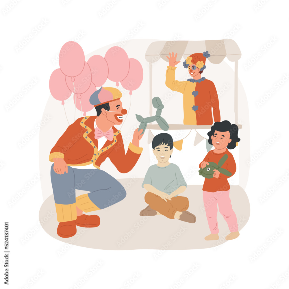 Clown show isolated cartoon vector illustration. Clown performing for children, funfair, family visit amusement park, entertainment, kids laughing, modelling balloon show vector cartoon.