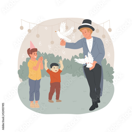 Magician show isolated cartoon vector illustration. Man showing magic tricks to children, outdoor show, amusement park entertainment, kids clapping hands, wizard show, fun fair vector cartoon.