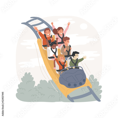 Roller coaster isolated cartoon vector illustration. Kids on colorful roller coaster, amusement park ride, family having fun, attraction, children screaming, high speed riding vector cartoon.