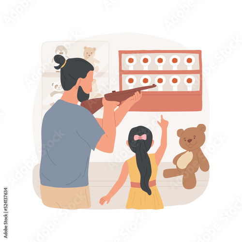 Shooting gallery isolated cartoon vector illustration. Funfair riffle shooting gallery, father wins toy for kid, man aiming, stuffed animals in a booth, amusement park activity vector cartoon.