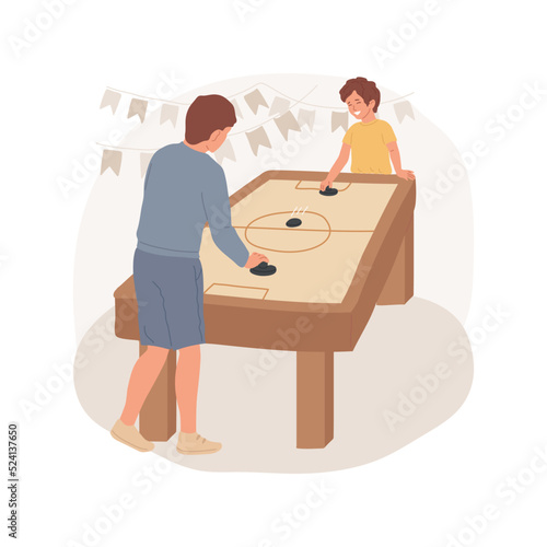 Air hockey isolated cartoon vector illustration. Father and son playing air hockey, exiting competition, family having fun together, amusement park indoor activity, table game vector cartoon.