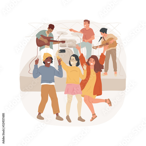 Concert isolated cartoon vector illustration. Diverse teens at concert, leisure time, band playing live on stage, teenagers nightlife, friends happy together, music fans, event vector cartoon.