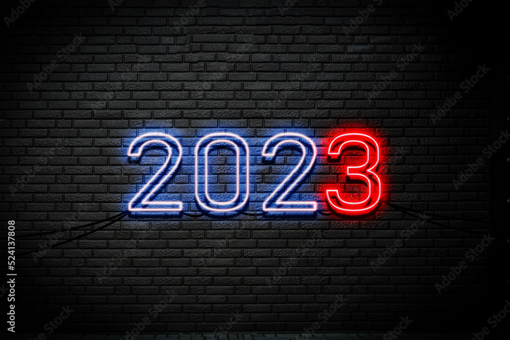 neon number 2023 on the wall, happy new year holidays, neon frame in the night outdoors