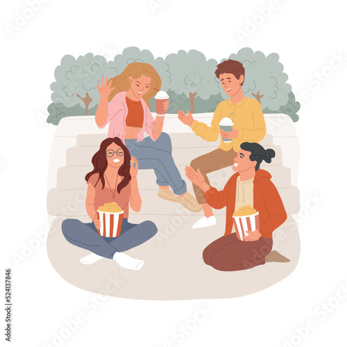Having a chat isolated cartoon vector illustration. Teens having chat, hanging out at park and eating, discussing plans, friends communication, sitting together on steps vector cartoon.