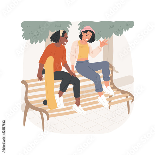 Having rest isolated cartoon vector illustration. Couple hanging out at park with skateboard, spending weekend together, sitting with feet on bench, having conversation vector cartoon.