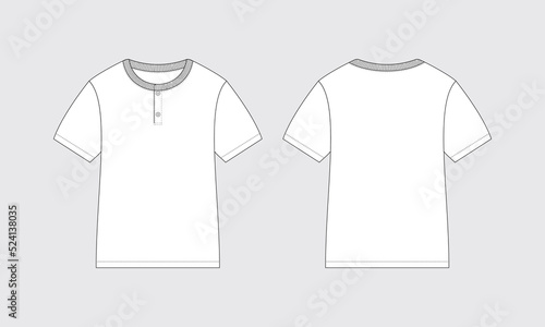 Canvas Print Blank kids short sleeves t-shirt henley neck mockup front and back view, vector