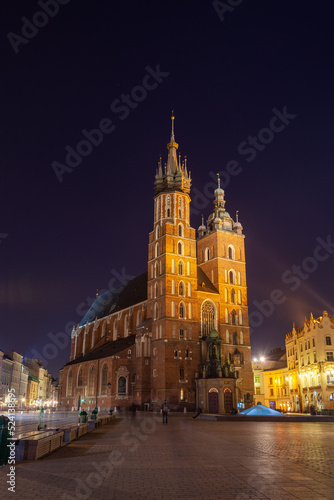 Old town square in Krakow at night  Poland. St. Marys Basilica