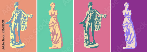 Statues of Venus de Milo (goddess of love) and Apollo Belvedere in four trendy color. Stilization of light and shadow. Vector illustration, EPS 10. The concept of classical sculpture, pop art style.