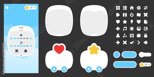 Game UI buttons. Set of stickers with levels, loading scale and other attributes of mobile app. Menus, indicators and rewards in video game. Cartoon flat vector collection isolated on black background