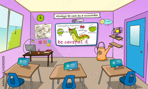 Interior of a room. Classroom in the school. Board, desks and tables.
