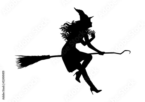 Silhouette of a witch on a broomstick. Vector.