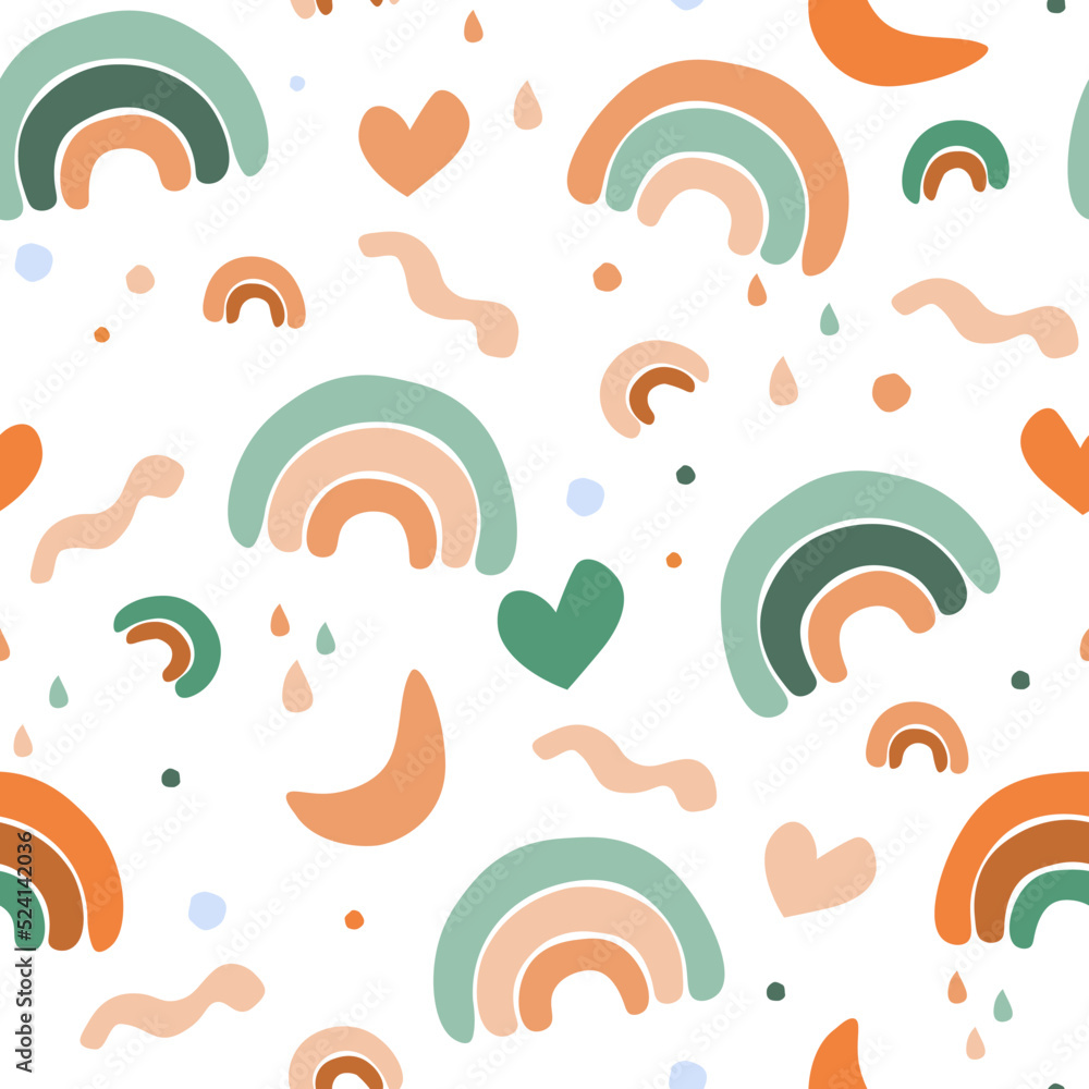 Obraz premium Seamless pattern with cute baby print. Abstract minimalistic rainbows, hearts, simple geometric shapes. Vector graphics.