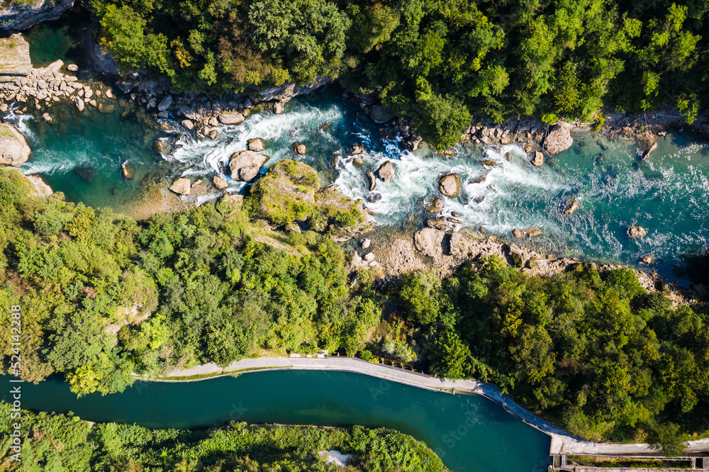 Aerial view of Adda river with Rapids, Northern Italy