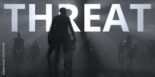 THREAT word and backlit anonymous crowd conceptual 3d rendering