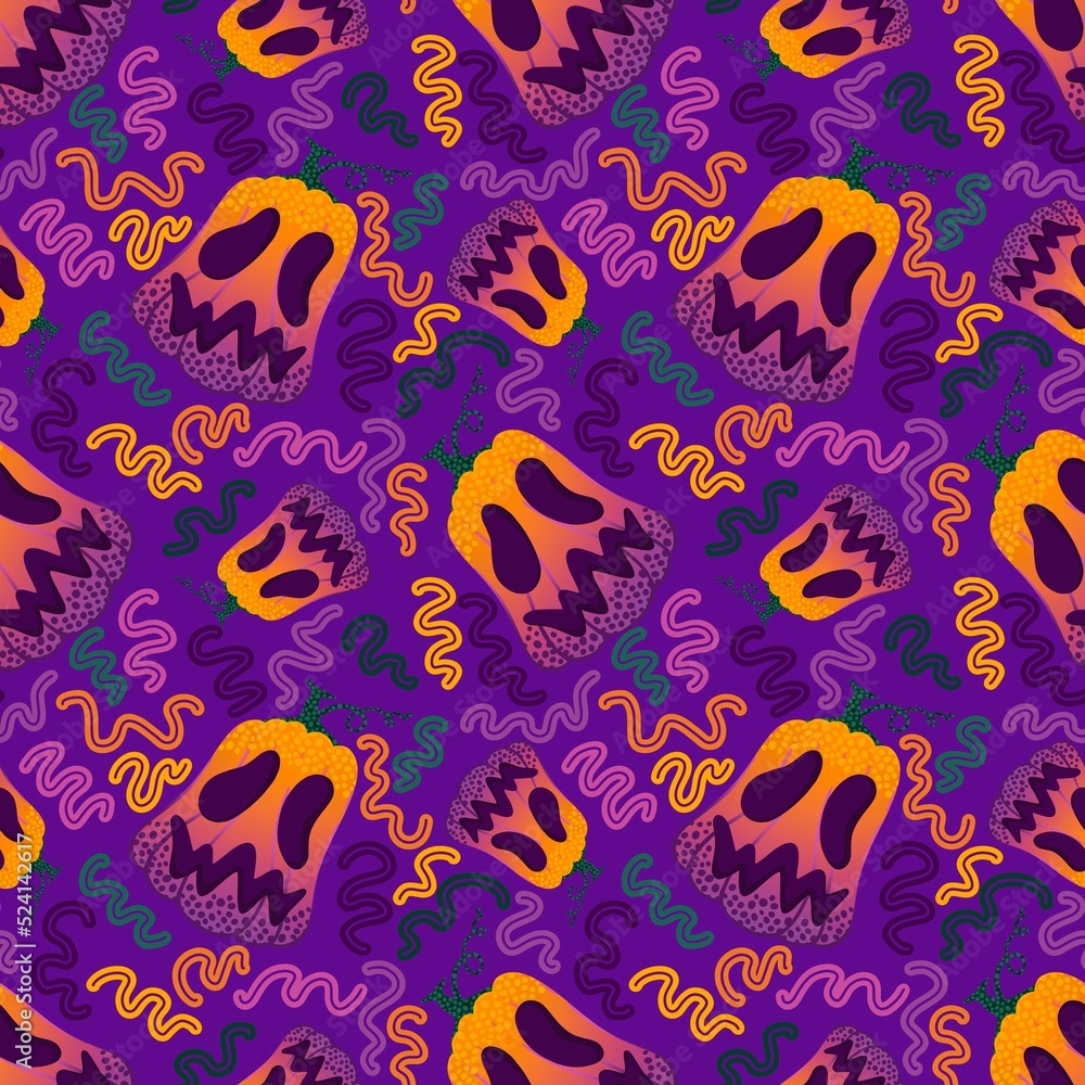 Naklejka premium Halloween seamless pumpkins and witch hat and ghost pattern for fabrics and wrapping paper and clothes print
