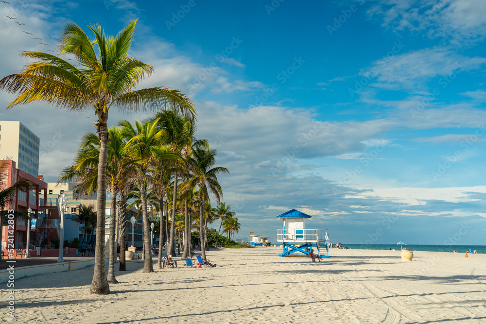 palm trees and lifeguard house on Hollywood beach in Florida, clean sand with ocean and blue sky in the background