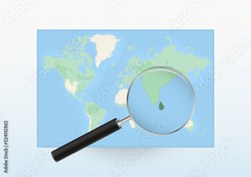 Map of the World with a magnifying glass aimed at Sri Lanka, searching Sri Lanka with loupe.
