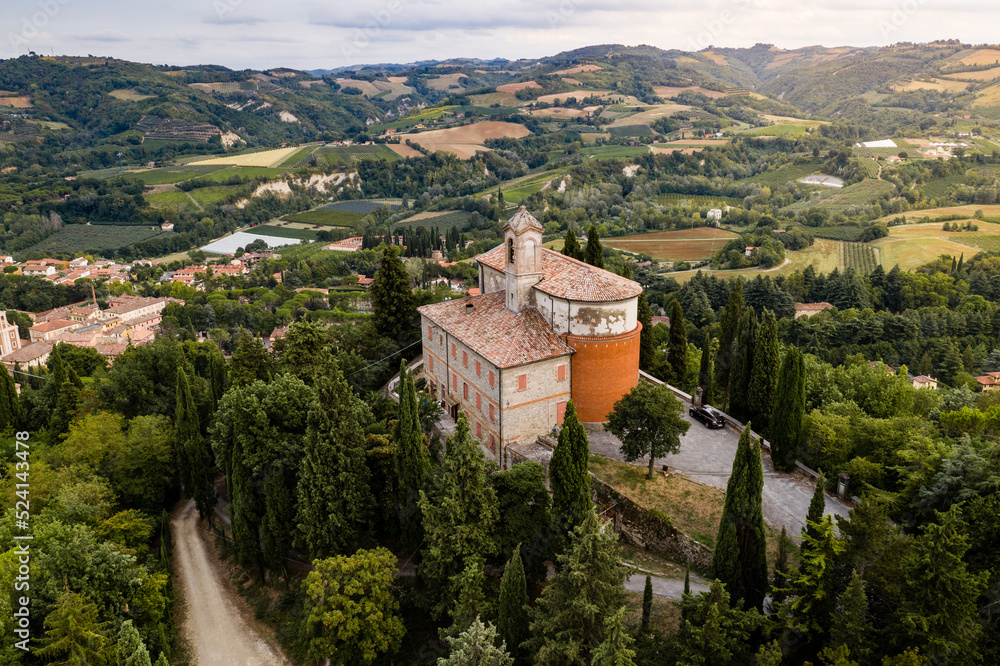 Aerial View of Sanctuary Of Monticino, an Ancient Church Near The Medieval Town Of Brisighella, Faenza, Italy