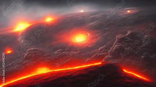 Closeup of fantasy hot lava planet with liquid magma