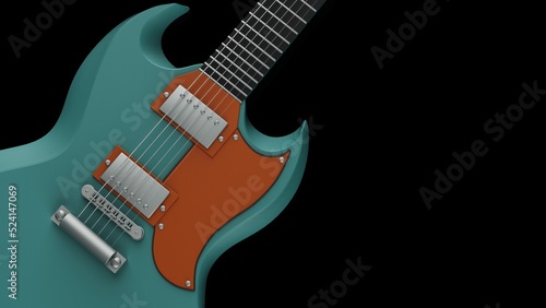 Green-orange electric guitar under black background. Concept 3D illustration of legendary rock band, advanced performance techniques and composing activities.
